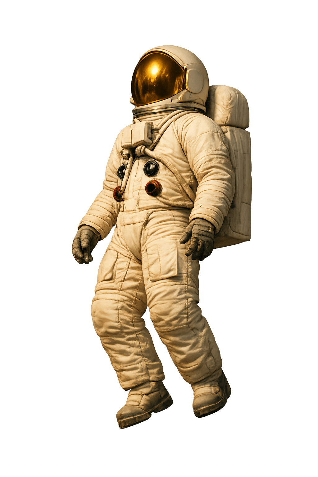 A vintage Apollo-era astronaut in a white EVA spacesuit, floating.